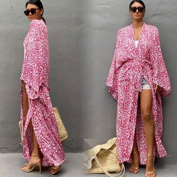 Last 1 New Boho Leopard Print Kimono Wrap Duster Robe Jacket Swim Coverup - Picture 4 of 7